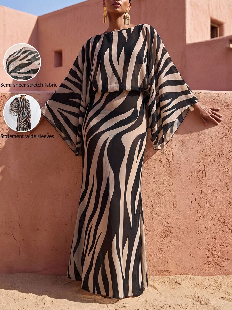 Zivah Women's Zebra Print Round Neck Casual Daily Cover-Up Dress