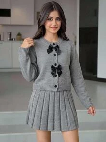 SHEIN 2pcs/Set Girls' Sweater Set, Simple Round Neck Grey Long Sleeve 3D Bow Decor Cardigan Pleated Skirt, Sweet Preppy Cute Style, School Family Matching - Grey - View 3