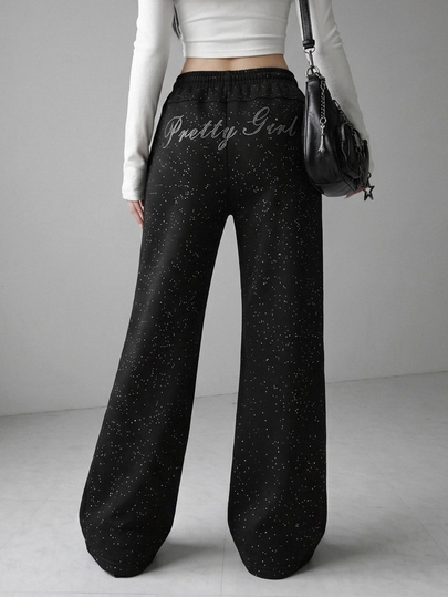 FRIFUL Women's Rhinestone Letter Pattern Drawstring Waist Casual Sweatpants
