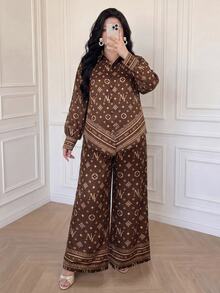 Vibekara Versatile Elegant Brown All-Over Print Long Sleeve Shirt + Straight Leg Wide Leg Pants Loose Fit Slimming Casual 2 Pieces Set - Rust Brown - View 6