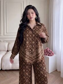 Vibekara Versatile Elegant Brown All-Over Print Long Sleeve Shirt + Straight Leg Wide Leg Pants Loose Fit Slimming Casual 2 Pieces Set - Rust Brown - View 5