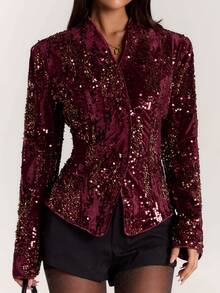 SHEIN BAE Women's Sequin Long Sleeve Cinched Waist Overlap Design Elegant Party Blazer - Burgundy - View 1