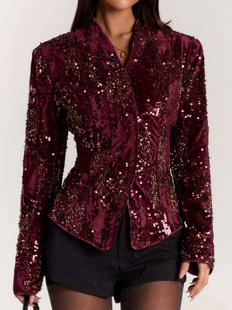 SHEIN BAE Women's Sequin Long Sleeve Cinched Waist Overlap Design Elegant Party Blazer - Burgundy - View 1