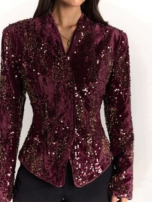 SHEIN BAE Women's Sequin Long Sleeve Cinched Waist Overlap Design Elegant Party Blazer - Burgundy - View 9