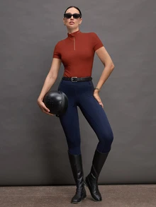 Activina Women's Solid Color Zipper Placket Short Sleeve Equestrian Top Activina Women's Stand Collar Solid Color Raglan Short Sleeve Fitted Equestrian Shirt Burgundy  Ralphlauren Old Money - Red - View 3
