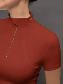 Activina Women's Solid Color Zipper Placket Short Sleeve Equestrian Top Activina Women's Stand Collar Solid Color Raglan Short Sleeve Fitted Equestrian Shirt Burgundy  Ralphlauren Old Money - Red - View 6