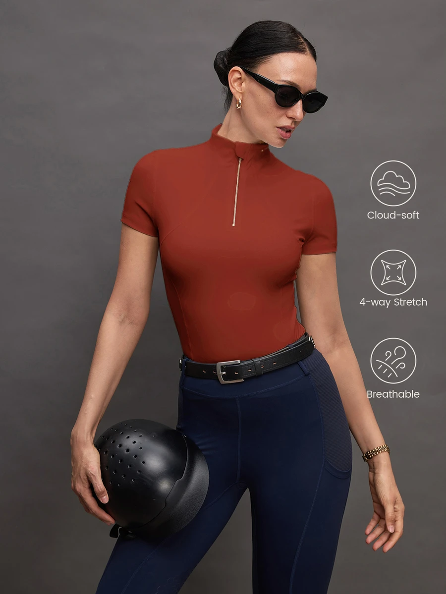 Activina Women's Solid Color Zipper Placket Short Sleeve Equestrian Top Activina Women's Stand Collar Solid Color Raglan Short Sleeve Fitted Equestrian Shirt Burgundy  Ralphlauren Old Money - Red - View 1