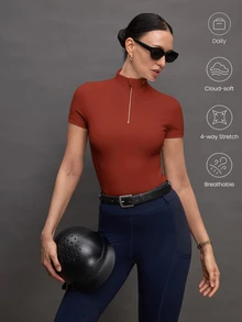 Activina Women's Solid Color Zipper Placket Short Sleeve Equestrian Top Activina Women's Stand Collar Solid Color Raglan Short Sleeve Fitted Equestrian Shirt Burgundy  Ralphlauren Old Money - Red - View 8