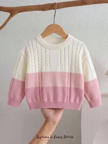 SHEIN Playful Pals 0-3歲女嬰漸層色粗針編織毛衣，3D扭繩紋理，圓領落肩寬鬆版型長袖套頭上衣，簡約甜美風，適合日常穿著與拍照拍攝 - 粉色 - 查看 1