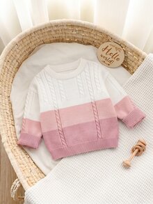 SHEIN Playful Pals 0-3歲女嬰漸層色粗針編織毛衣，3D扭繩紋理，圓領落肩寬鬆版型長袖套頭上衣，簡約甜美風，適合日常穿著與拍照拍攝 - 粉色 - 查看 4