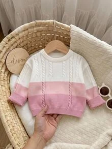 SHEIN Playful Pals 0-3歲女嬰漸層色粗針編織毛衣，3D扭繩紋理，圓領落肩寬鬆版型長袖套頭上衣，簡約甜美風，適合日常穿著與拍照拍攝 - 粉色 - 查看 5
