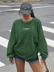 Muchica Autumn/Winter Casual Dark Green Plus Size Women's Letter Embroidered Drop Shoulder Long Sleeve Sweatshirt Fall - Dark Green - View 5
