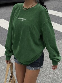 Muchica Autumn/Winter Casual Dark Green Plus Size Women's Letter Embroidered Drop Shoulder Long Sleeve Sweatshirt Fall - Dark Green - View 4
