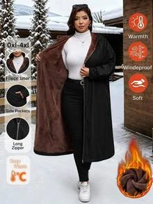 SHEIN Clasi Mantel Panjang Berkerudung Berlapisan Termal Ukuran Besar untuk Musim Gugur/Dingin - Hitam - View 8