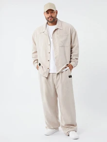 EASEVO Men's Plus Size Letter Print Long Sleeve Shirt And Drawstring Waist Pants Casual Set - Apricot - View 5