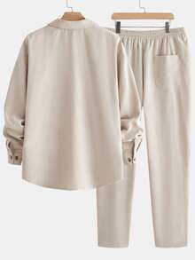 EASEVO Men's Plus Size Letter Print Long Sleeve Shirt And Drawstring Waist Pants Casual Set - Apricot - View 8
