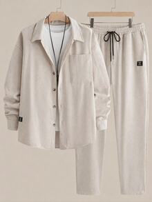EASEVO Men's Plus Size Letter Print Long Sleeve Shirt And Drawstring Waist Pants Casual Set - Apricot - View 1