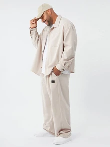 EASEVO Men's Plus Size Letter Print Long Sleeve Shirt And Drawstring Waist Pants Casual Set - Apricot - View 3