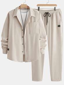 EASEVO Men's Plus Size Letter Print Long Sleeve Shirt And Drawstring Waist Pants Casual Set - Apricot - View 6