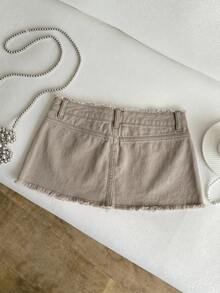 Elamini Distressed Ultra Low Waist Denim Mini Skirt - Khaki - View 2