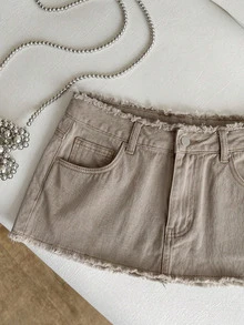 Elamini Distressed Ultra Low Waist Denim Mini Skirt - Khaki - View 3
