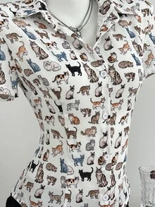 Elamini Cat Pattern Cinched Waist Short Sleeve Collared Shirt Brunch White Animal Print Summer 80s Cute - Multicolor - View 6