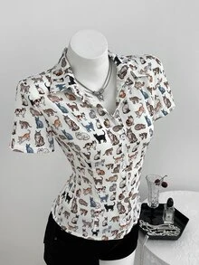 Elamini Cat Pattern Cinched Waist Short Sleeve Collared Shirt Brunch White Animal Print Summer 80s Cute - Multicolor - View 5