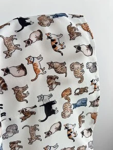 Elamini Cat Pattern Cinched Waist Short Sleeve Collared Shirt Brunch White Animal Print Summer 80s Cute - Multicolor - View 4