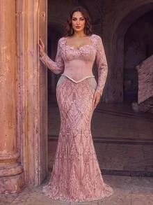 Glamrae Plus Size Luxury Beaded Patchwork Satin 3D Decor Draped Sequins Elegant Heavy Embellished Evening Gown - Dusty Pink - View 11
