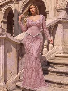 Glamrae Plus Size Luxury Beaded Patchwork Satin 3D Decor Draped Sequins Elegant Heavy Embellished Evening Gown - Dusty Pink - View 9