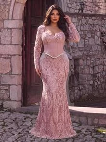 Glamrae Plus Size Luxury Beaded Patchwork Satin 3D Decor Draped Sequins Elegant Heavy Embellished Evening Gown - Dusty Pink - View 2