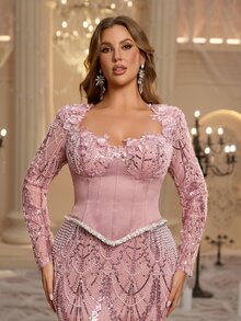 Glamrae Plus Size Luxury Beaded Patchwork Satin 3D Decor Draped Sequins Elegant Heavy Embellished Evening Gown - Dusty Pink - View 10
