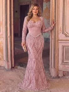 Glamrae Plus Size Luxury Beaded Patchwork Satin 3D Decor Draped Sequins Elegant Heavy Embellished Evening Gown - Dusty Pink - View 3