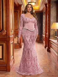 Glamrae Plus Size Luxury Beaded Patchwork Satin 3D Decor Draped Sequins Elegant Heavy Embellished Evening Gown - Dusty Pink - View 8