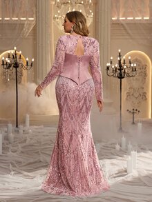 Glamrae Plus Size Luxury Beaded Patchwork Satin 3D Decor Draped Sequins Elegant Heavy Embellished Evening Gown - Dusty Pink - View 6