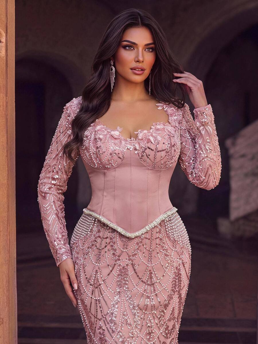 Glamrae Plus Size Luxury Beaded Patchwork Satin 3D Decor Draped Sequins Elegant Heavy Embellished Evening Gown - Dusty Pink - View 1