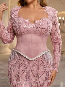 Glamrae Plus Size Luxury Beaded Patchwork Satin 3D Decor Draped Sequins Elegant Heavy Embellished Evening Gown - Dusty Pink - View 4