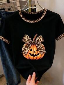 Breezaya Plus Size Halloween Leopard Pumpkin Bow Graphic Tee Casual Retro Round Neck Short Sleeve T-Shirt For Women - Multicolor - View 4