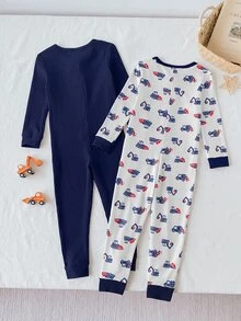 SHEIN 2件組男童幼兒深藍色柔軟舒適羅紋連身衣，酷炫趣味卡通可愛挖掘機車印花拉鍊長袖連身褲，柔軟舒適貼身高彈力居家服 - 藍色 - 查看 2