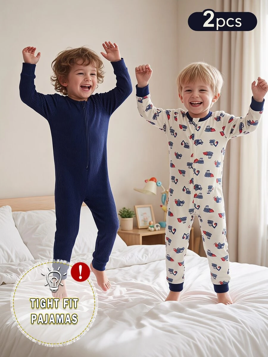 SHEIN 2pcs/Set Boys Toddler Soft Comfortable Dark Blue Ribbed Romper With Cool Fun Cartoon Cute Excavator Car Print Zipper Long Sleeve Jumpsuit, Soft Comfortable Tight High Elastic 2 Pieces Loungewear - Blue - View 1