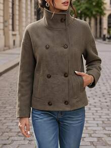 Editum Women's Herringbone Long Sleeve Double-Breasted Casual Classic French Elegant Jacket Office Khaki Gingham Fall - Coffee Brown - View 3