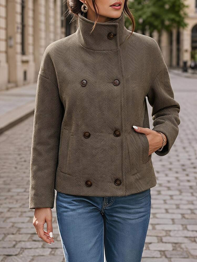 Editum Women's Herringbone Long Sleeve Double-Breasted Casual French Elegant Jacket Office Brown Gingham Autumn - Coffee Brown - View 1