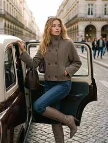 Editum Women's Herringbone Long Sleeve Double-Breasted Casual Classic French Elegant Jacket Office Khaki Gingham Fall - Coffee Brown - View 2