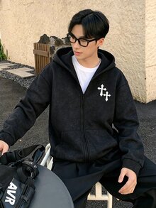 Teen Boys Printed Washed Distressed Vintage Punk Streetwear Casual Loose Fit Hooded Zip-Up Sweatshirt Jacket,Autumn/Winter - Black - View 1