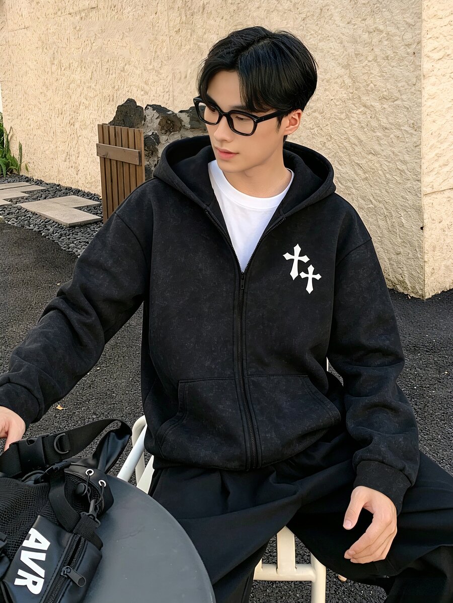 Teen Boys Printed Washed Distressed Vintage Punk Streetwear Casual Loose Fit Hooded Zip-Up Sweatshirt Jacket,Autumn/Winter - Black - View 1