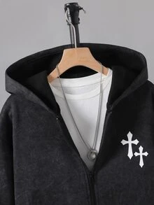 Teen Boys Printed Washed Distressed Vintage Punk Streetwear Casual Loose Fit Hooded Zip-Up Sweatshirt Jacket,Autumn/Winter - Black - View 8