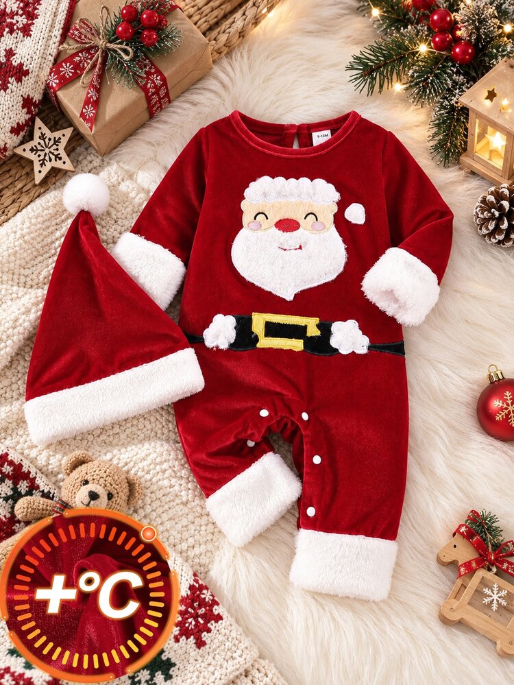 SHEIN 2pcs Baby Boy Romper Cute Red White Santa Embroidery Fuzzy Trim Belt Long Sleeve Round Neck Regular Holiday Party Winter Fall Halloween Jumpers Hat - Red - View 1