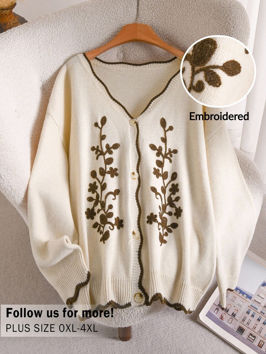 CosyJoli Plus Size Women's Floral Print Casual Cottage Core Daily Wear Long Sleeve Cardigan Autumn Vacation Formal White