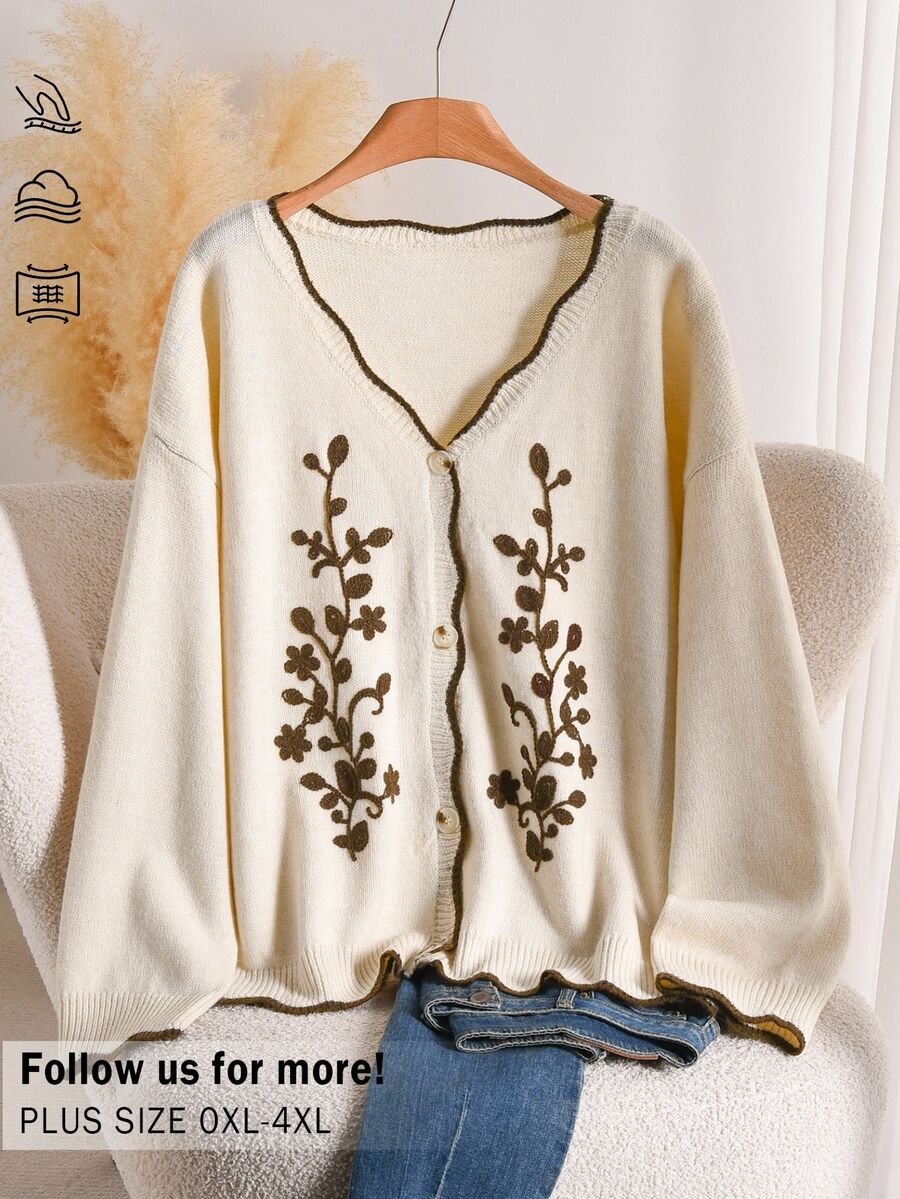 CosyJoli Plus Size Women's Floral Print Casual Cottage Core Daily Wear Long Sleeve Cardigan Autumn Vacation Formal White