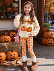 青少年女孩聖誕套裝 亮片蝴蝶結與南瓜印花圓領衛衣搭配橘色與白色格紋蝴蝶結內搭褲套裝 - 彩色 - 查看 3